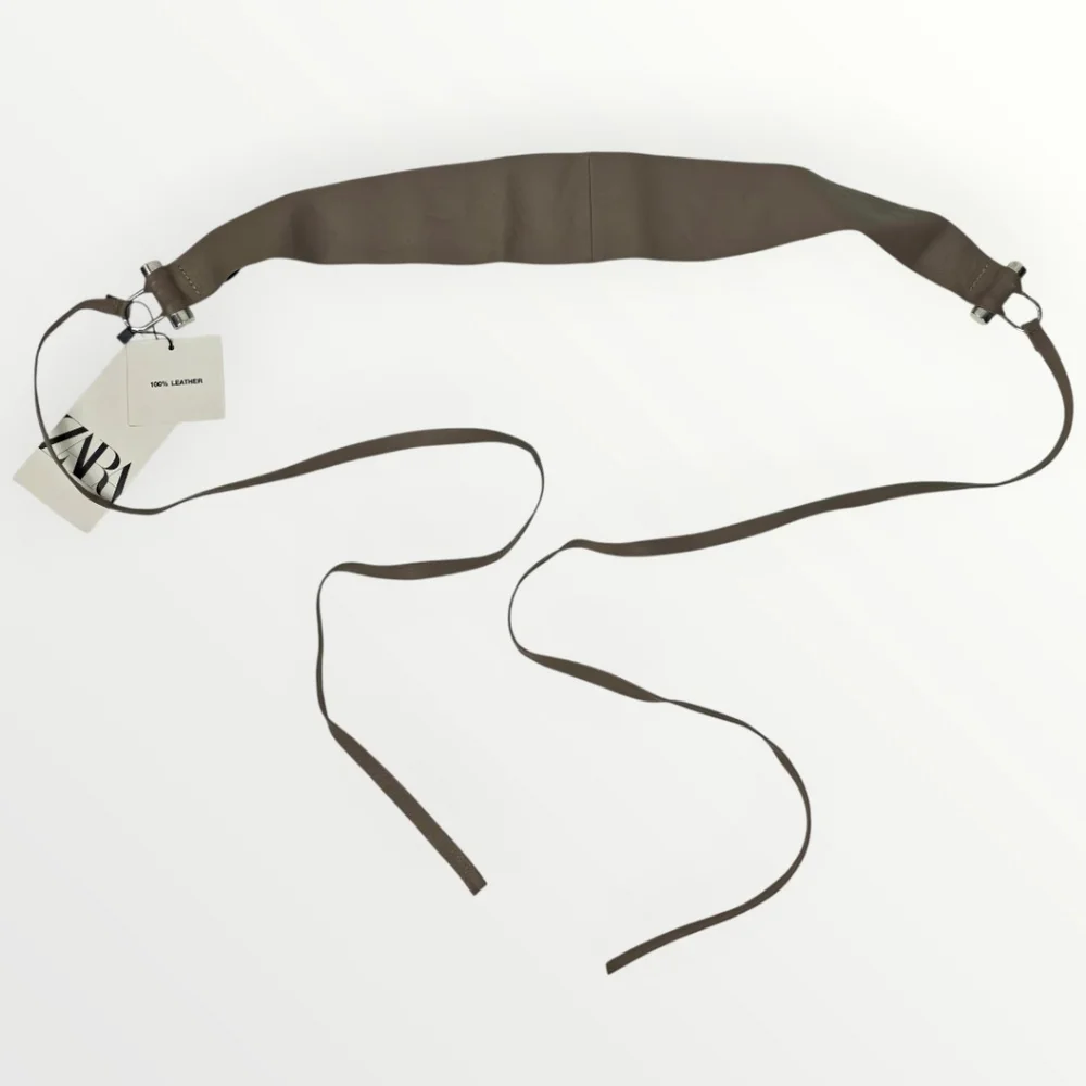 Zara Genuine Leather Tie Waist Belt Taupe Brown Wide Wrap Obi Size 30 (80) NWT